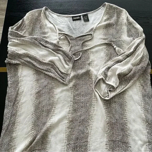 Sara Studio Blouse w/tasseled Tie 3/4 Sleeves Size XL Brown/Tan Print - EUC - Picture 7 of 9